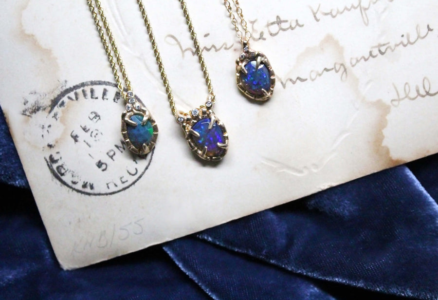 14k solid gold black opal diamond Dark Opal Cuore pendants on vintage postcard, one of a kind, OOAK, ready to ship