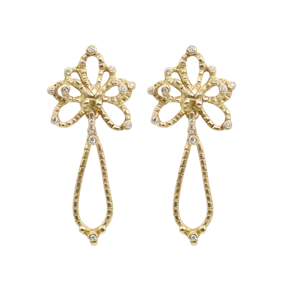 Solid 14k gold diamond dangle Orchid earrings