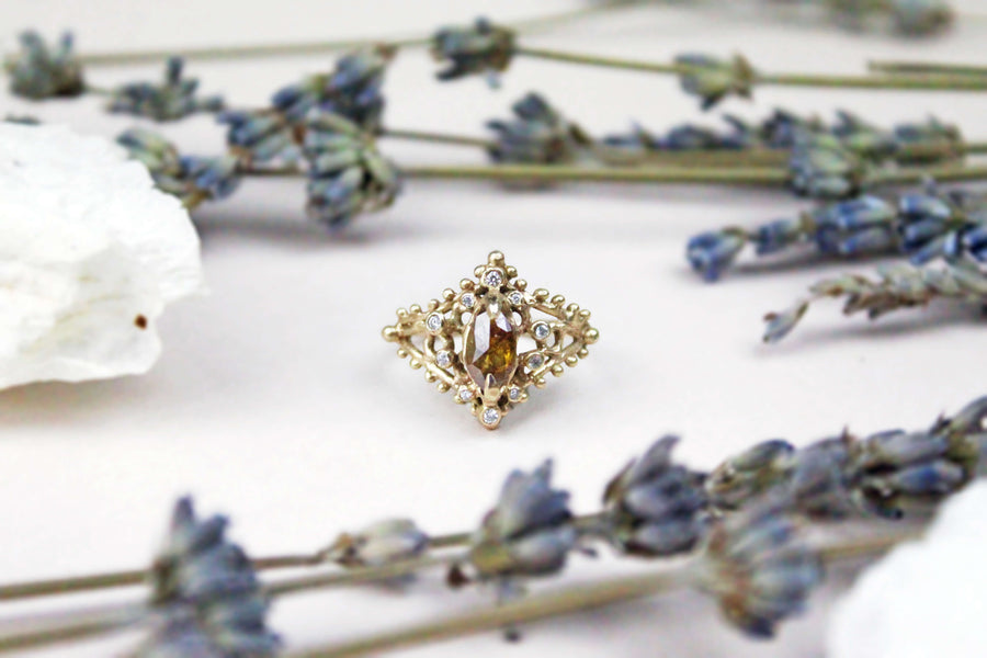 14k solid gold natural diamond Rustic Diamond Dahlia ring