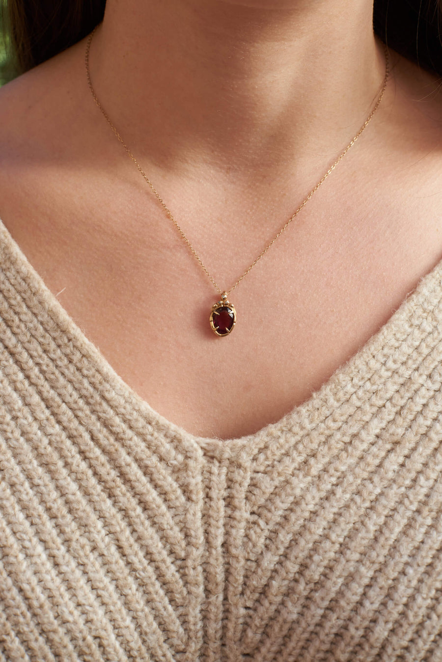 14k solid gold rhodolite garnet diamond Cuore pendant on model, OOAK, one of a kind, ready to ship