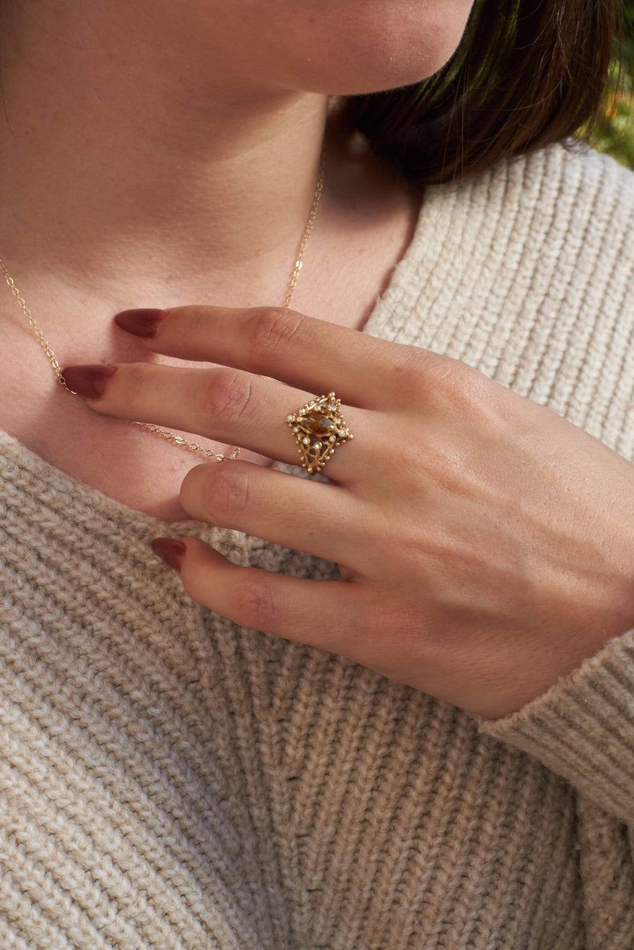 14k solid gold natural diamond Rustic Diamond Dahlia ring on model
