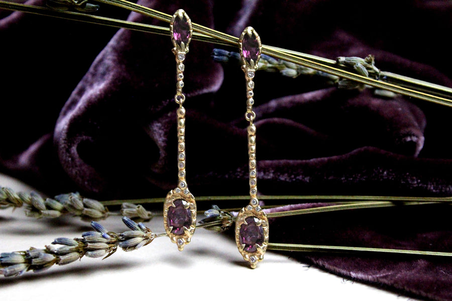 14k solid gold rhodolite garnet diamond Venus Drop Earrings