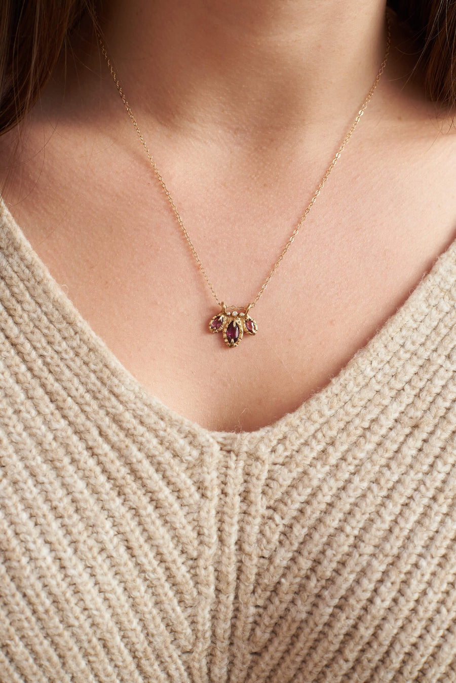 solid 14k gold rhodolite garnet Diamond Bloom necklace on model, ready to ship