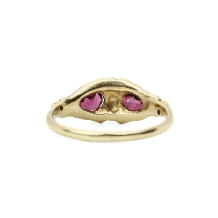 14k solid gold rhodolite garnet diamond Masque ring, ready to ship