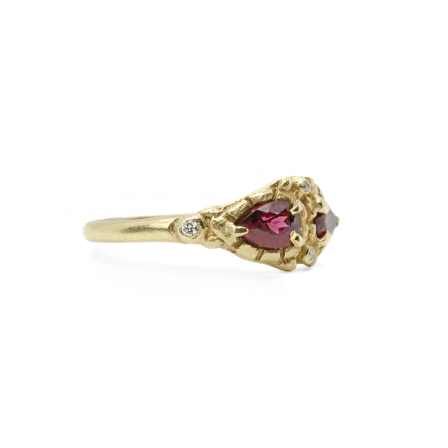 14k solid gold rhodolite garnet diamond Masque ring, ready to ship