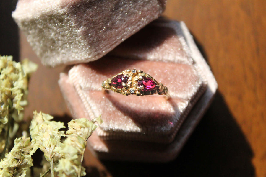 14k solid gold rhodolite garnet diamond Masque ring in velvet box, ready to ship