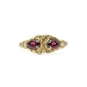 14k solid gold rhodolite garnet diamond Masque ring, ready to ship 