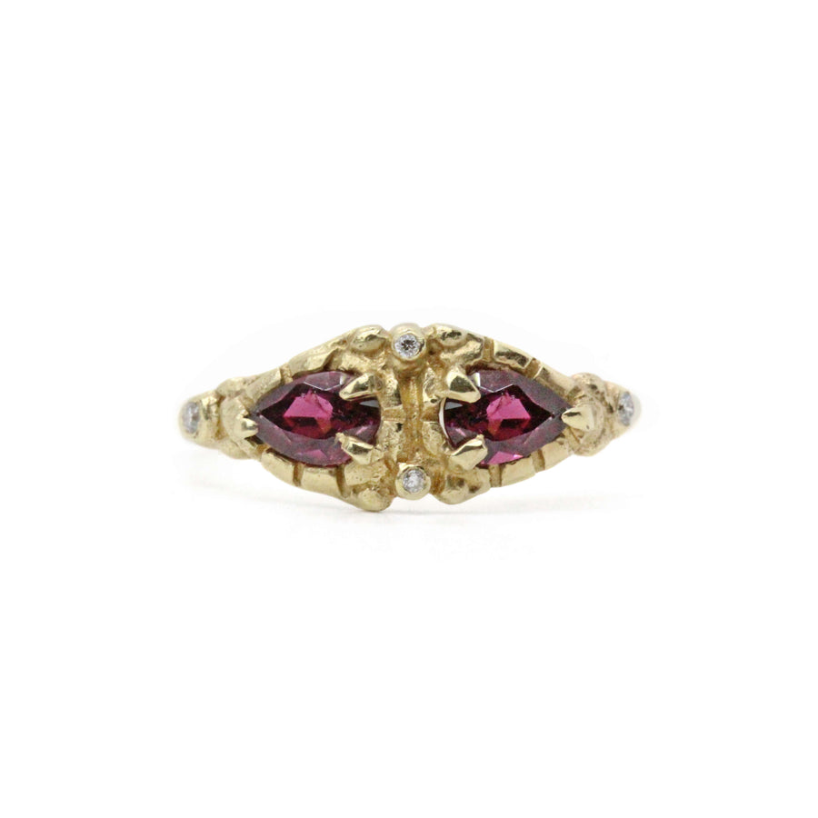 14k solid gold rhodolite garnet diamond Masque ring, ready to ship 