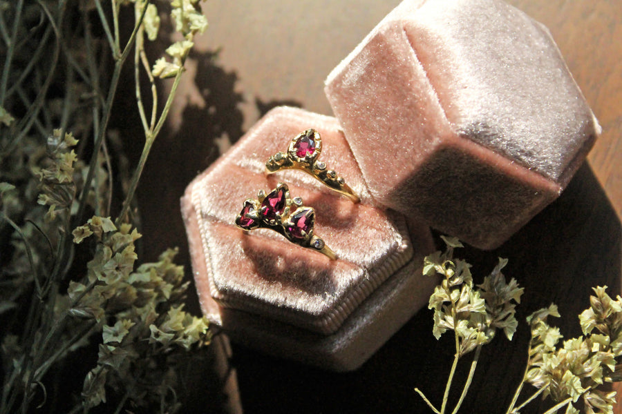 14k solid gold rhodolite garnet diamond Aline and Daphne rings in a velvet box, ready to ship