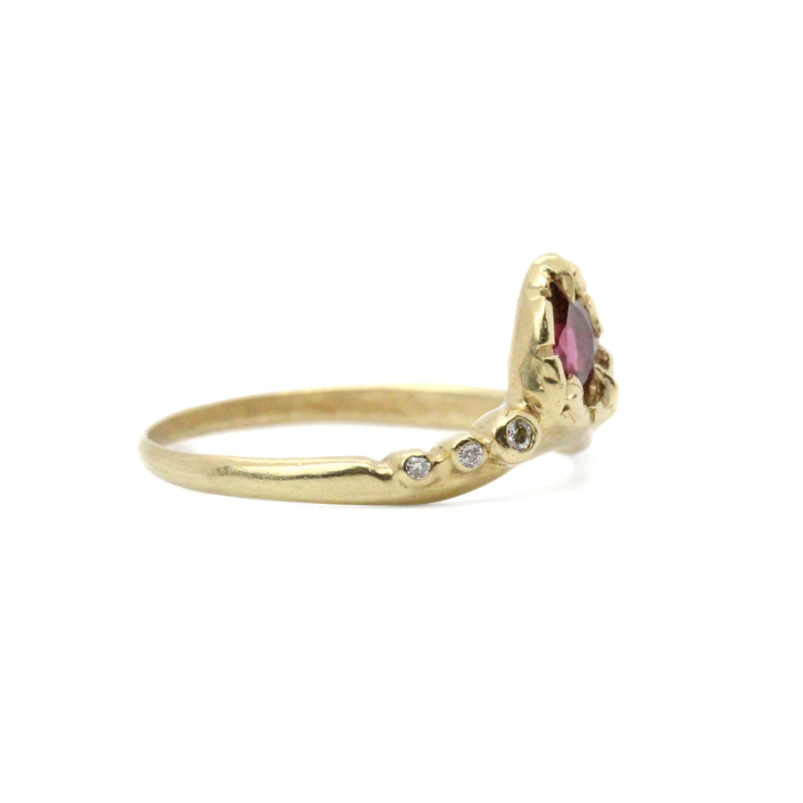 14k solid gold rhodolite garnet diamond Aline Ring, ready to ship