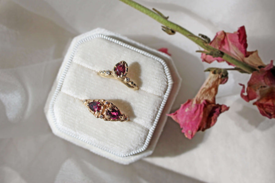 solid 14k gold rhodolite garnet and diamond Aline and Masque rings in a velvet box, ready to ship