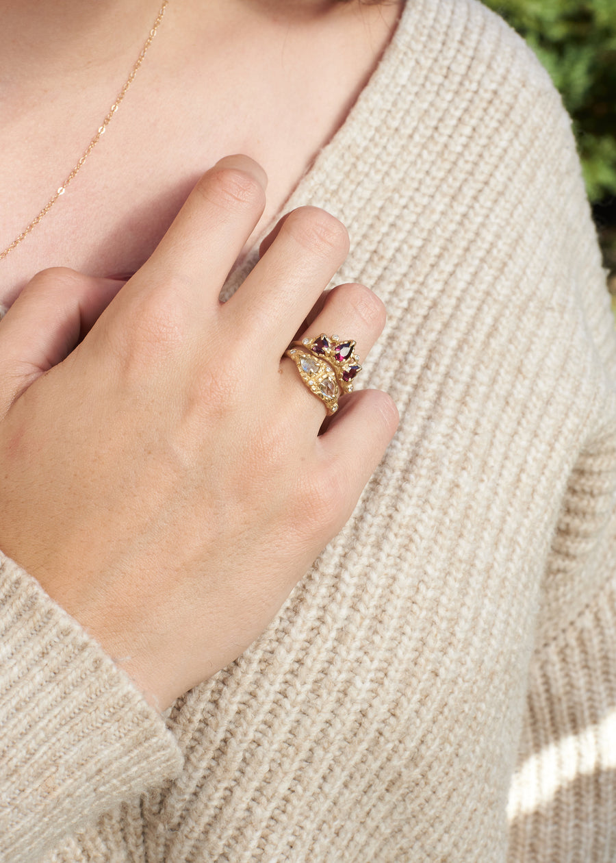 14k solid gold white sapphire diamond Masque ring Garnet Daphne ring stack, ready to ship