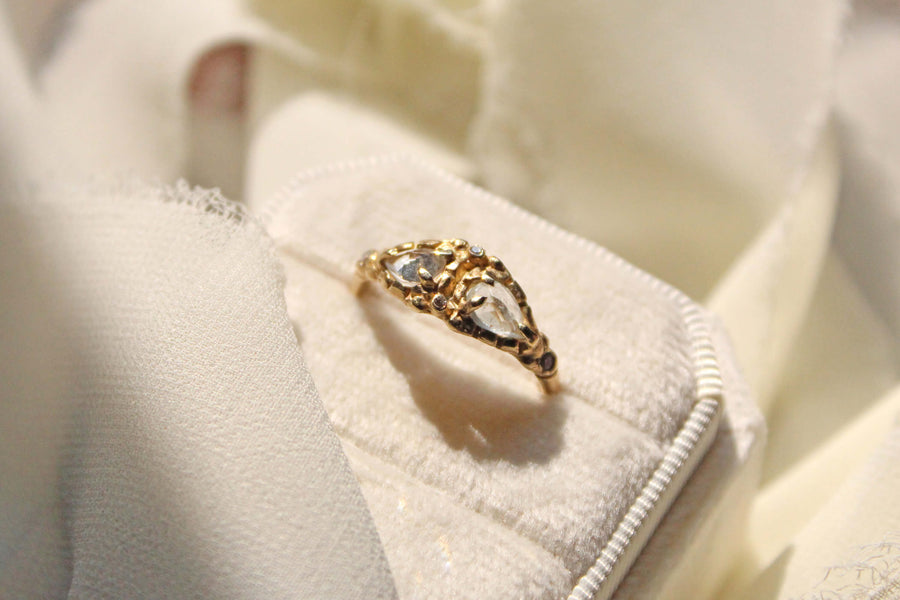 14k solid gold white sapphire diamond Masque ring in velvet ring box, ready to ship