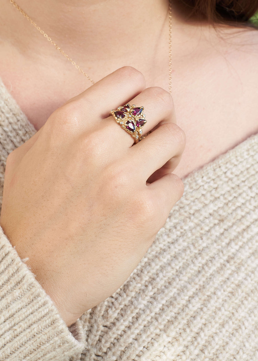 14k solid gold rhodolite garnet diamond Masque and Dahlia ring stack on model, ready to ship