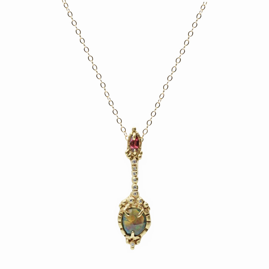 14k solid gold black opal rhodolite garnet diamond pendant, Dark Opal Wand Pendant, OOAK, one of a kind, ready to ship