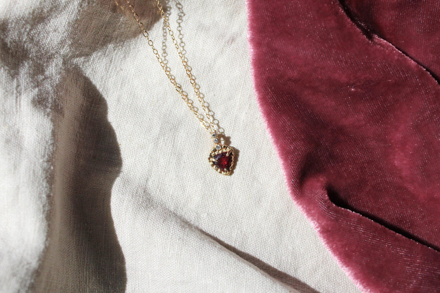 14k solid gold rhodolite garnet diamond Malka pendant, ready to ship