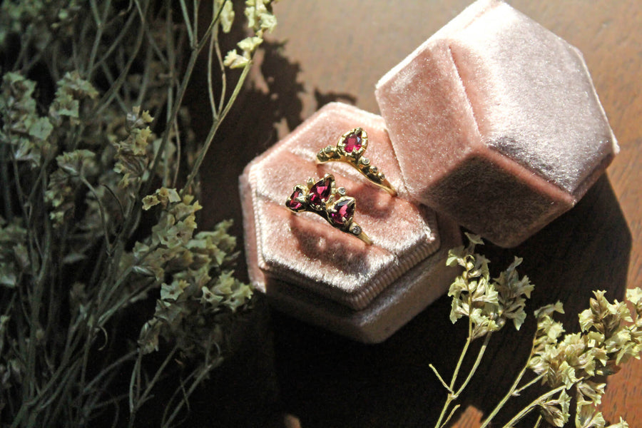 solid 14k gold rhodolite garnet and diamond Aline and Daphne rings in a velvet box, ready to ship