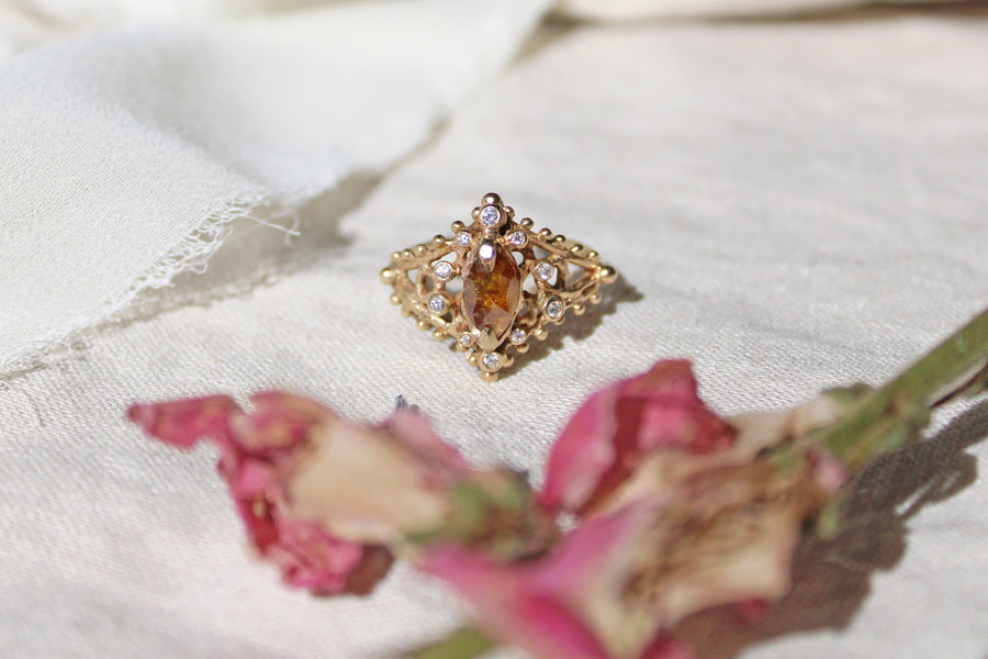 14k solid gold natural diamond Rustic Diamond Dahlia ring 
