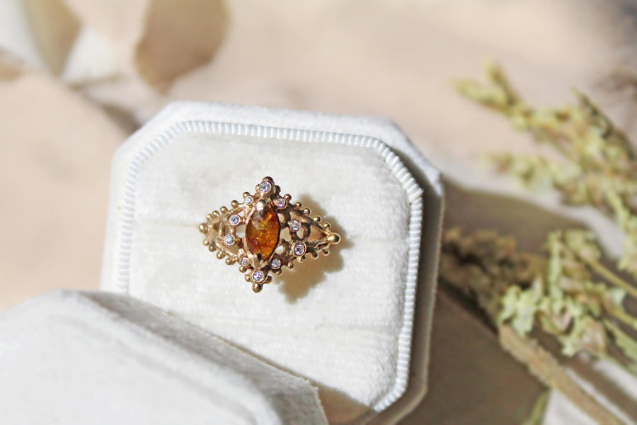 14k solid gold natural diamond Rustic Diamond Dahlia ring in velvet ring box