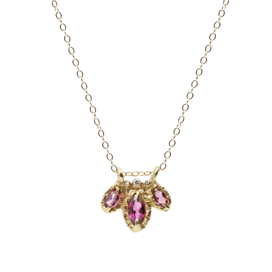 solid 14k gold rhodolite garnet Diamond Bloom necklace, ready to ship