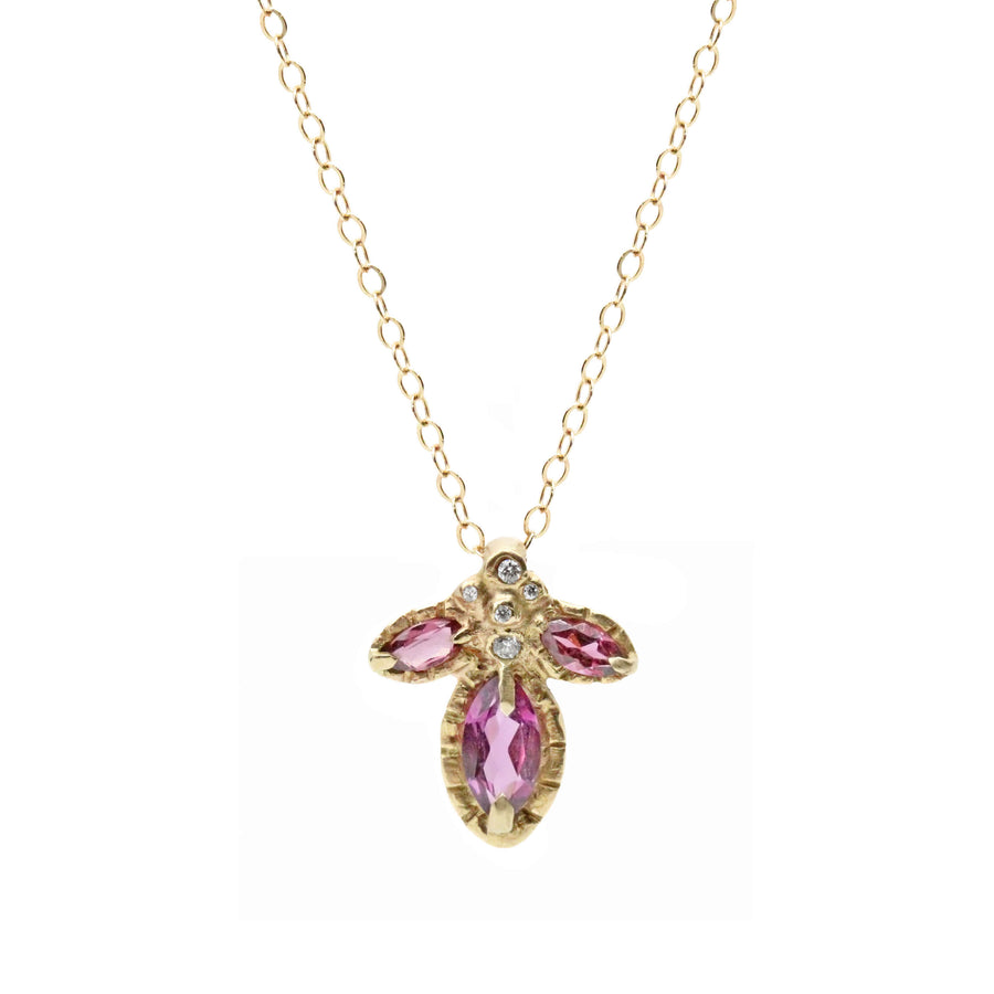 14k solid gold diamond and rhodolite garnet Iris pendant, ready to ship
