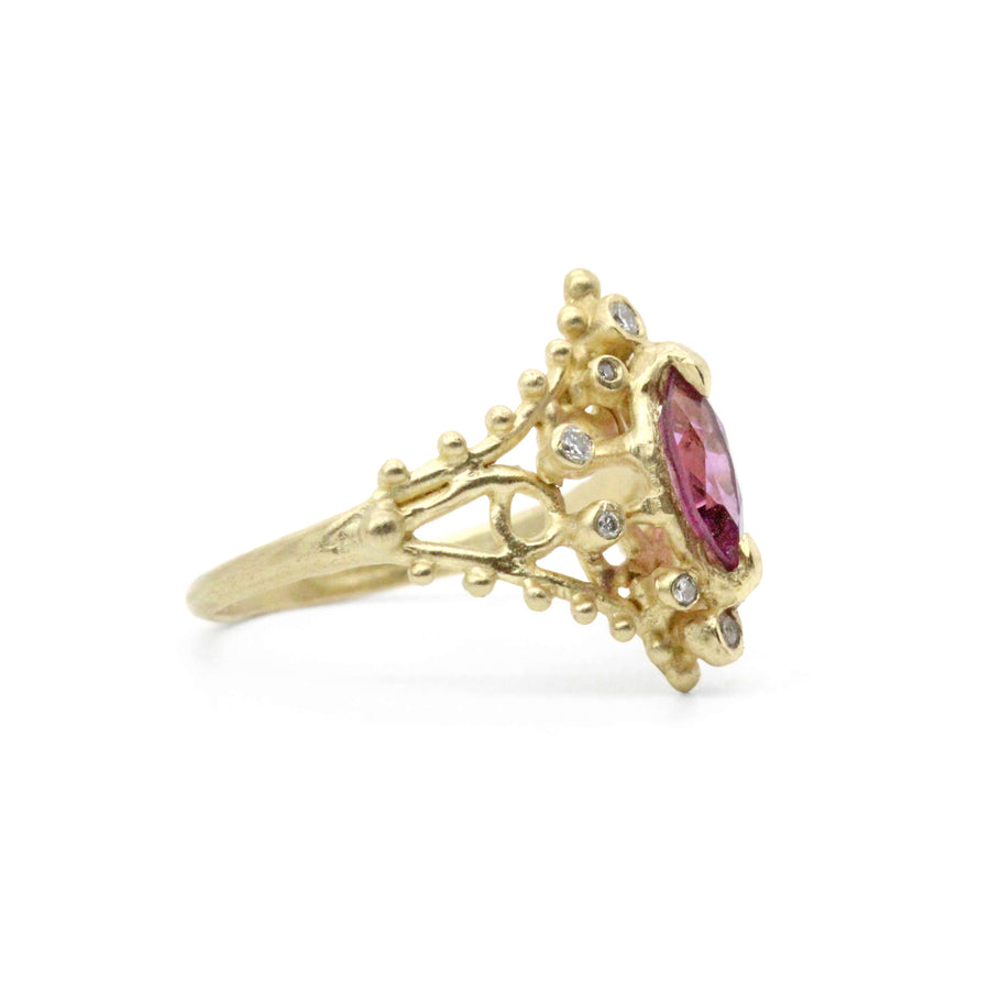 14k solid gold rhodolite garnet diamond Dahlia ring, ready to ship