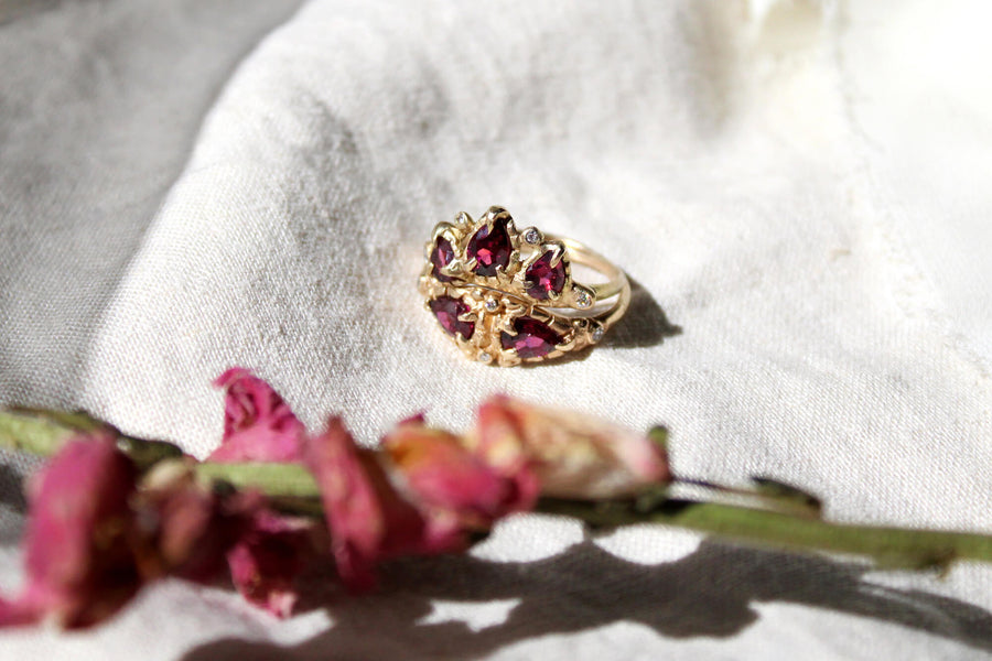 14k solid gold rhodolite garnet diamond Masque and Daphne rings, ready to ship