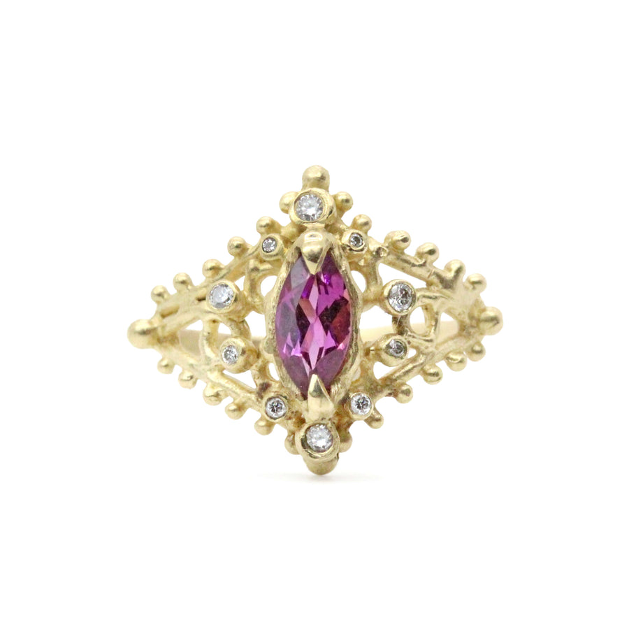 14k solid gold rhodolite garnet diamond Dahlia ring, ready to ship