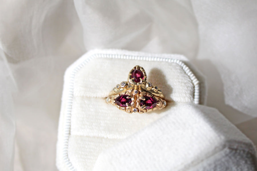 solid 14k gold rhodolite garnet and diamond Aline and Masque rings in a velvet box, ready to ship