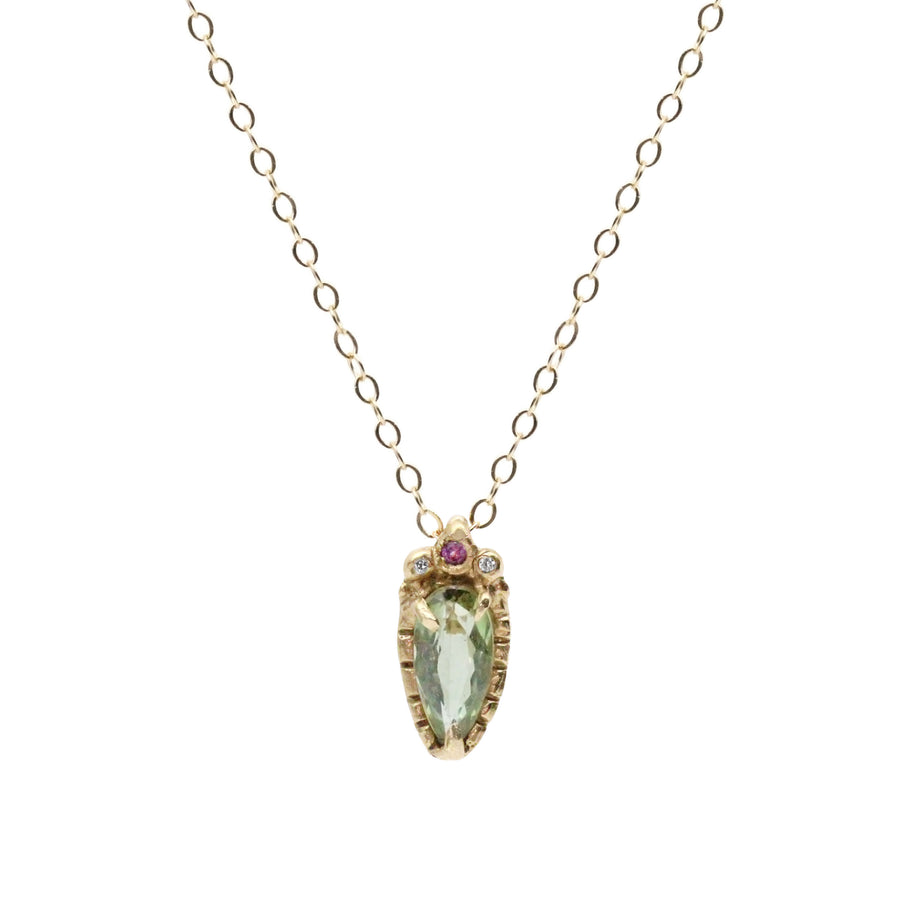 solid 14k gold pear cut green tourmaline with diamond and sapphire Alim pendant, ready to ship