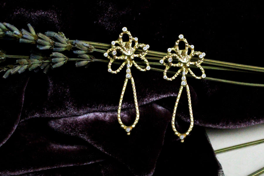 Solid 14k gold diamond dangle Orchid earrings