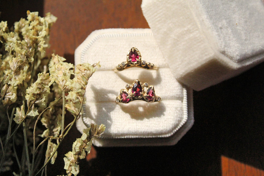 14k solid gold rhodolite garnet diamond Aline and Daphne rings in a velvet box, ready to ship