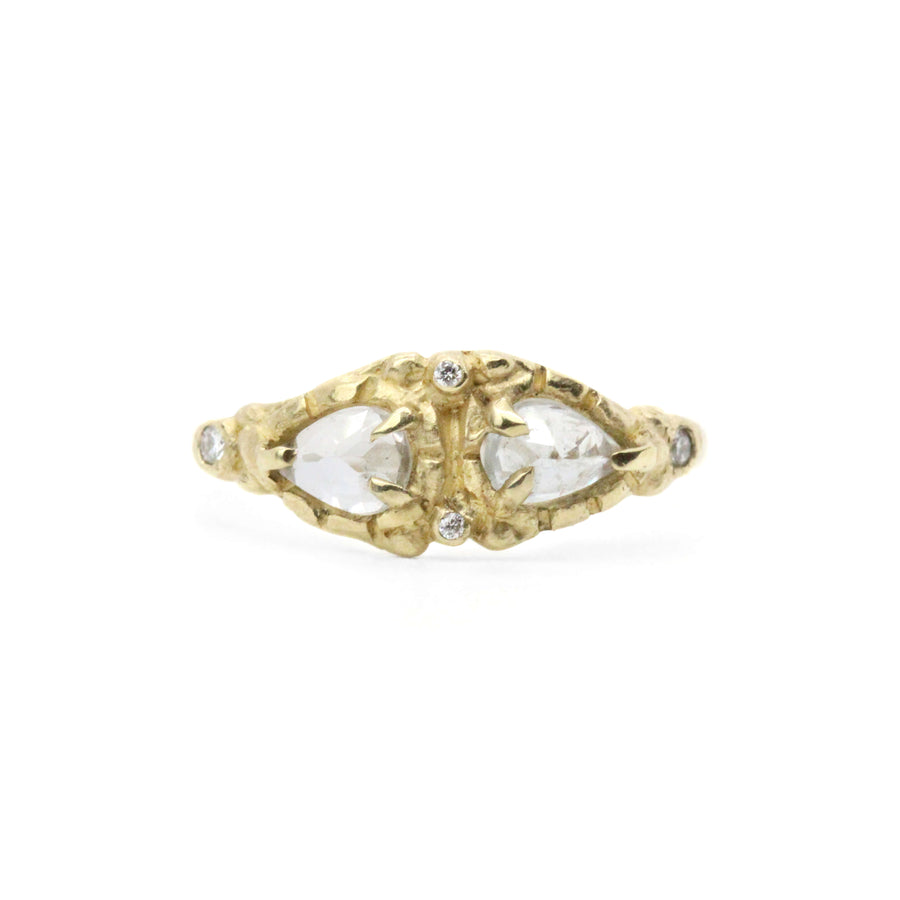 14k solid gold white sapphire diamond Masque ring, ready to ship
